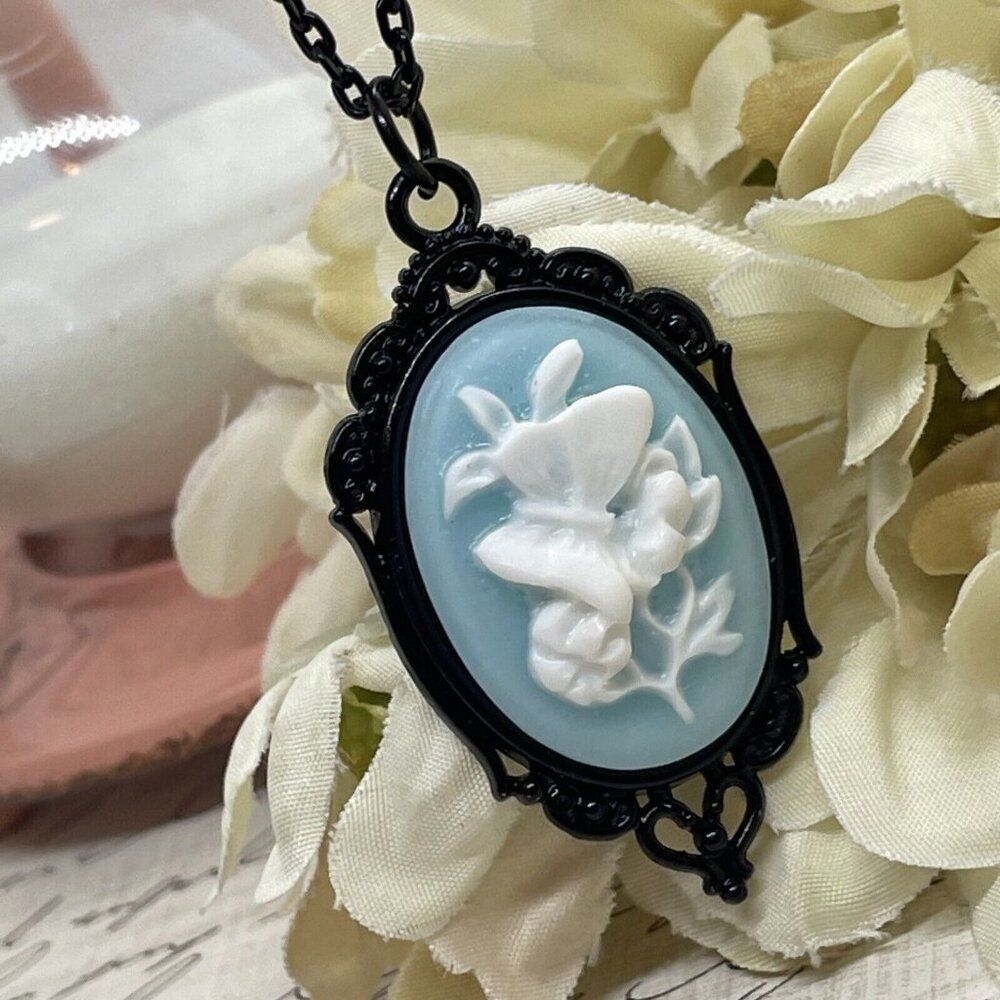 Butterfly Blue White Cameo Necklace Prom Nautical Wedding Jewelry Black Heart